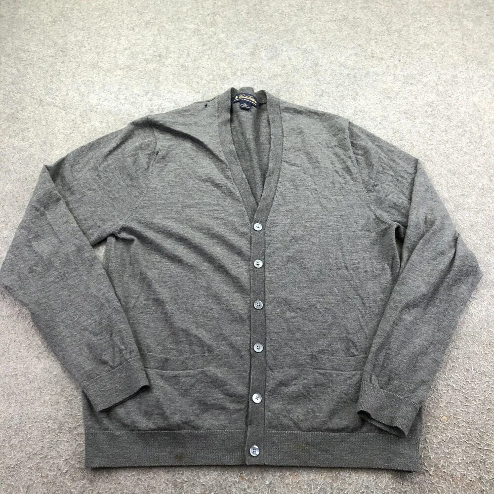 Brooks Brothers Sweater Mens XL Gray Merino Wool V Neck Button Cardigan Knit